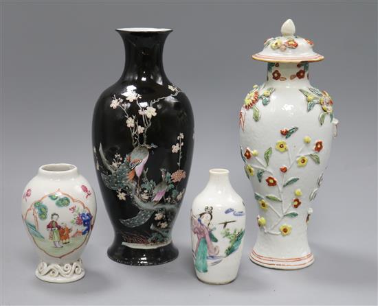 Three Chinese famille rose vases, 18th/19th century and a famille noire vase, late 19th/early 20th century